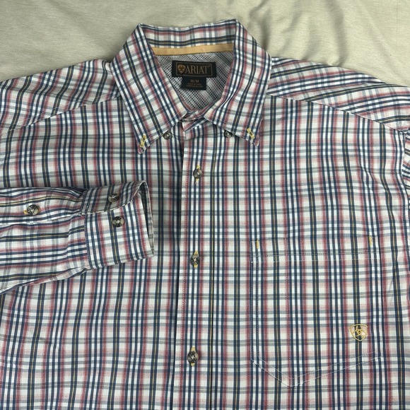 Ariat Men's M Cotton White Blue Red Plaid Long Sleeve Button Down Shirt Worker - Picture 1 of 11